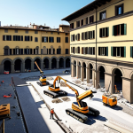 **A futuristic construction site in Florence, Italy, bustling with robots laying bricks and drones monitoring progress, showcasing BIM visualization overlaid on a partially renovated historic building.** (Focus: Digitalization and historic preservation blend in Italian context)