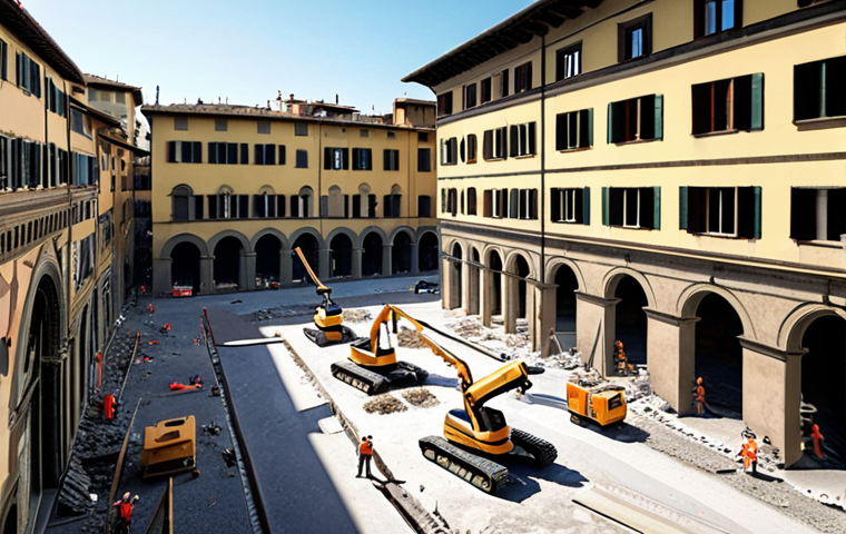 **A futuristic construction site in Florence, Italy, bustling with robots laying bricks and drones monitoring progress, showcasing BIM visualization overlaid on a partially renovated historic building.** (Focus: Digitalization and historic preservation blend in Italian context)