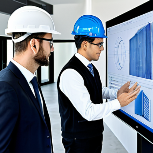 **

"A team of architects and engineers in a modern office, reviewing a Building Information Modeling (BIM) 3D model of a building on a large screen. Everyone is wearing professional attire and hard hats. The office is bright and filled with natural light. Safe for work, appropriate content, fully clothed, professional, perfect anatomy, correct proportions, natural pose, well-formed hands, proper finger count, natural body proportions, high quality rendering, detailed architectural plan."

**