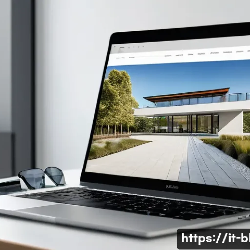 건축산업분야에서의 포트폴리오 작성 팁 - A modern architect&rsquo;s digital portfolio layout displayed on a sleek laptop screen, showcasing a balan...