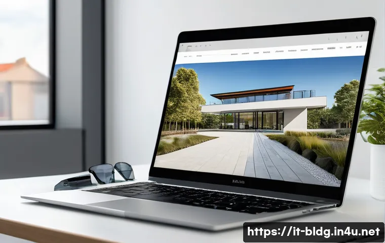 건축산업분야에서의 포트폴리오 작성 팁 - A modern architect’s digital portfolio layout displayed on a sleek laptop screen, showcasing a balan...