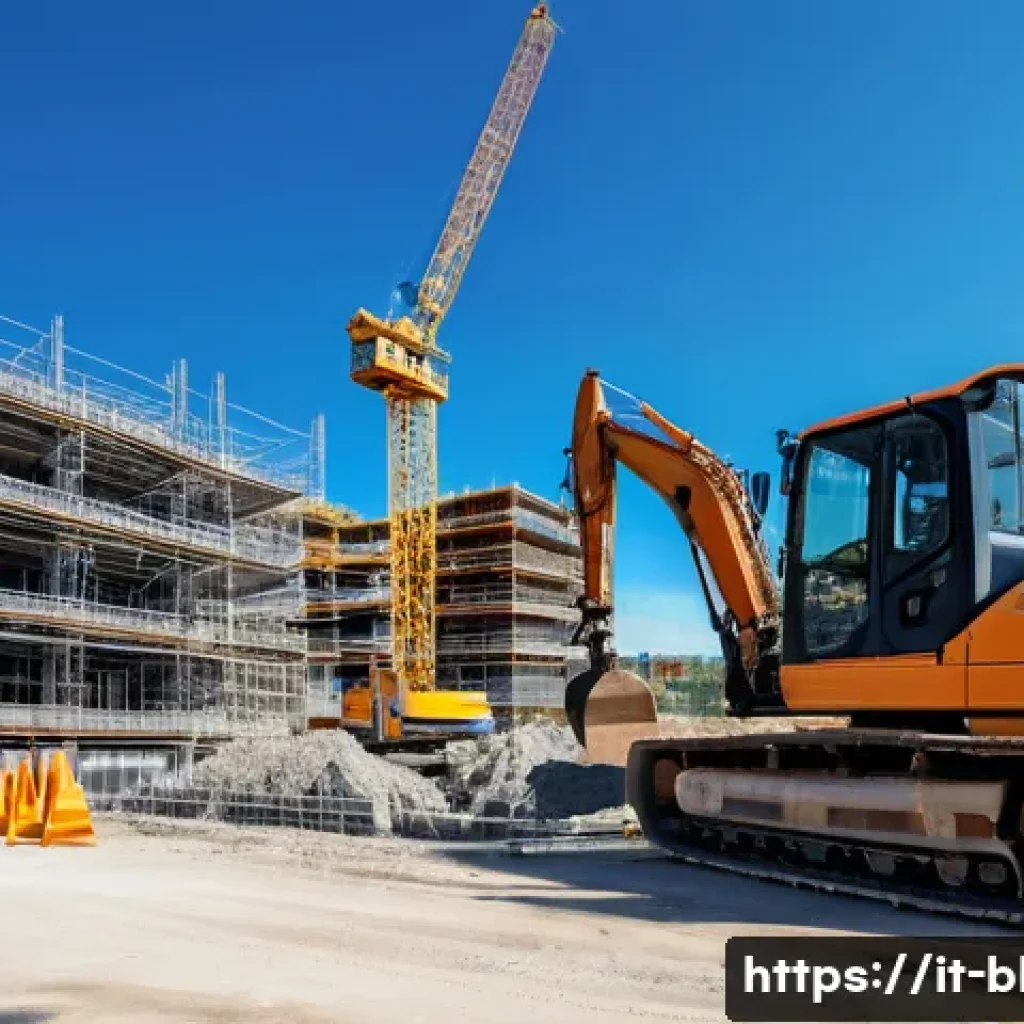 건축산업기사와 건설 장비 사용법 - A professional construction site scene in Italy, featuring skilled workers wearing safety helmets, h...