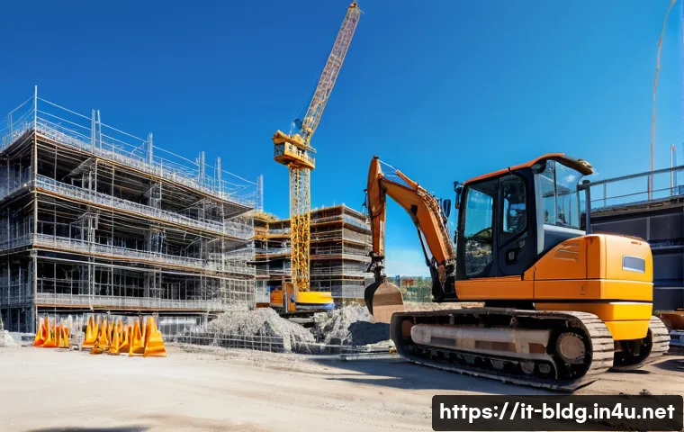 건축산업기사와 건설 장비 사용법 - A professional construction site scene in Italy, featuring skilled workers wearing safety helmets, h...