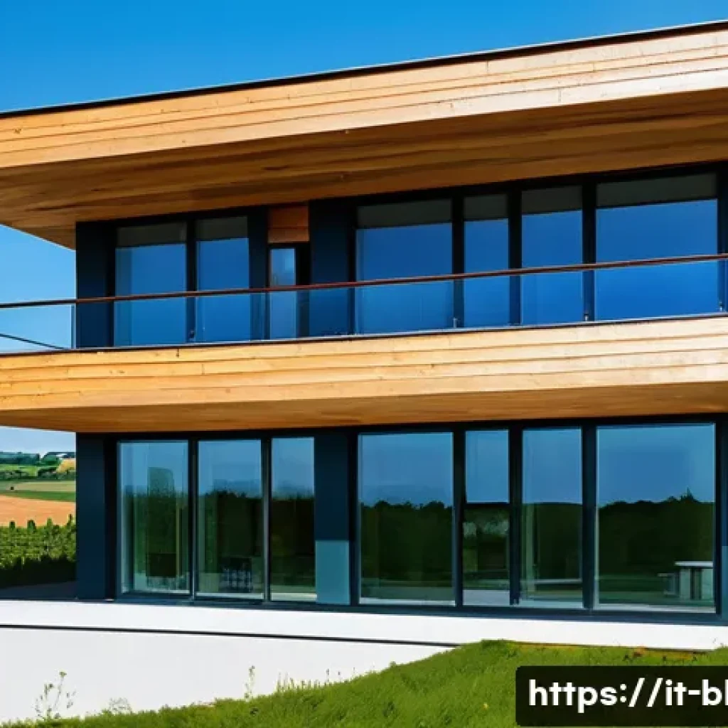 건축산업기사와 환경친화적 건축 사례 - A modern sustainable building exterior showcasing natural and recycled materials: certified wood str...