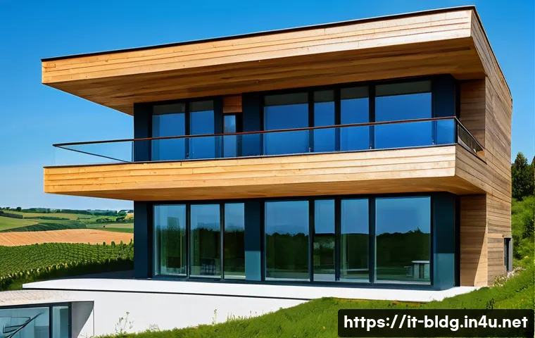 건축산업기사와 환경친화적 건축 사례 - A modern sustainable building exterior showcasing natural and recycled materials: certified wood str...