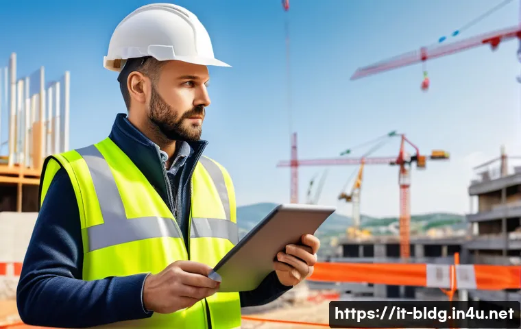 건축산업기사와 비상대응계획 수립 사례 - A professional Italian construction site safety technician wearing a high-visibility vest and hard h...