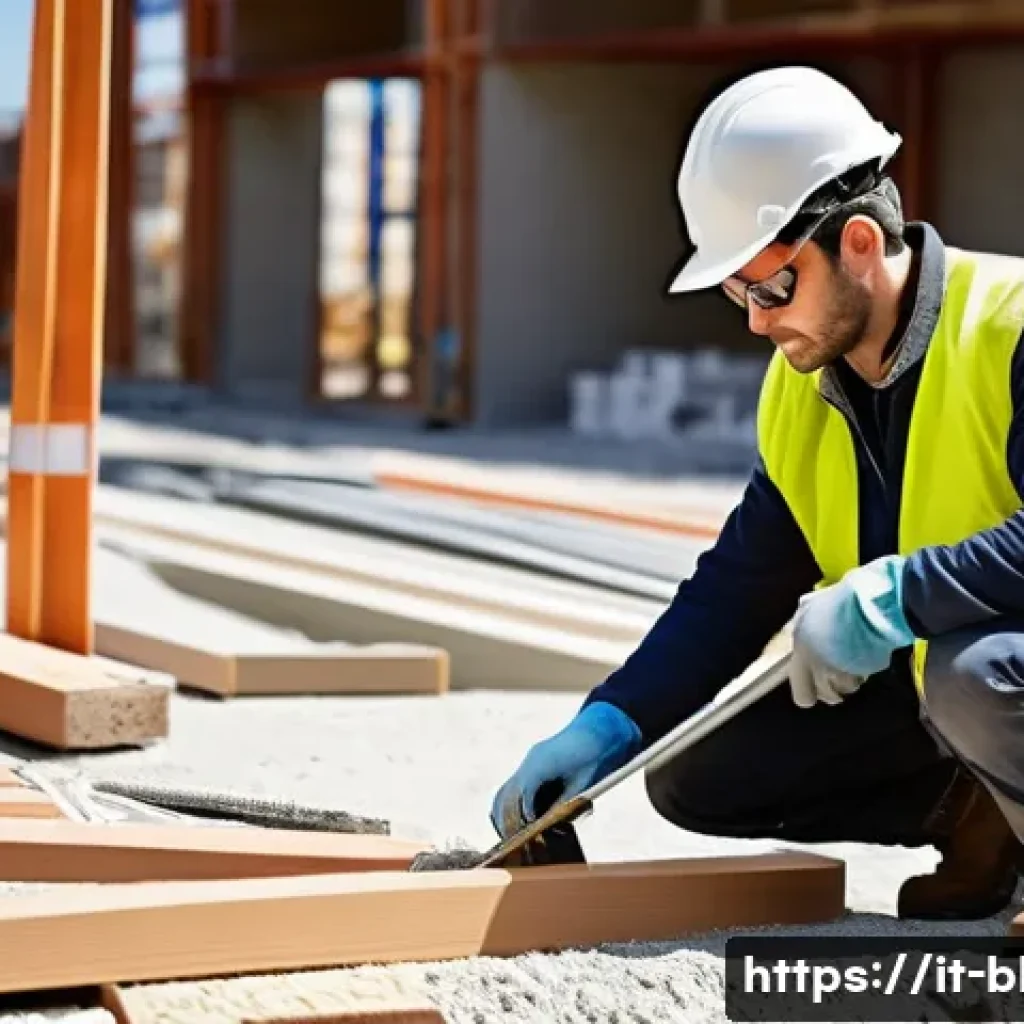건축산업기사와 현장 실습의 중요성 - A detailed construction site scene in Italy during a sunny day, showing a skilled construction techn...
