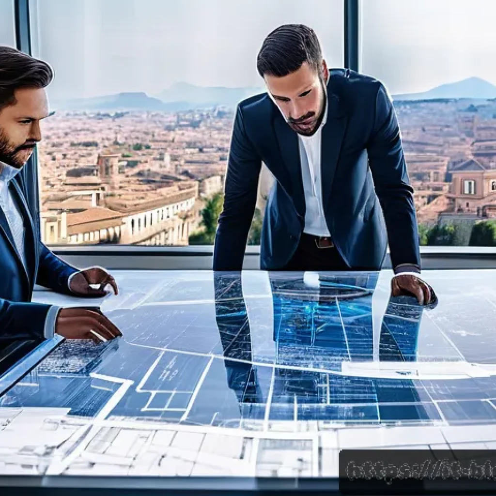 건축산업기사와 설계 도면 분석 사례 - A professional architect and engineer team collaborating around a large digital touchscreen table di...