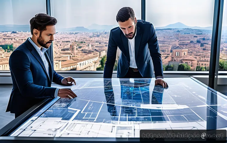 건축산업기사와 설계 도면 분석 사례 - A professional architect and engineer team collaborating around a large digital touchscreen table di...