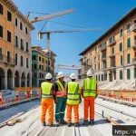 건축산업기사 필기시험 중점 과목 정리 - A detailed construction site scene in Italy featuring a diverse team of construction workers wearing...