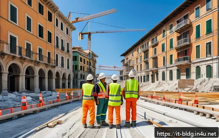건축산업기사 필기시험 중점 과목 정리 - A detailed construction site scene in Italy featuring a diverse team of construction workers wearing...