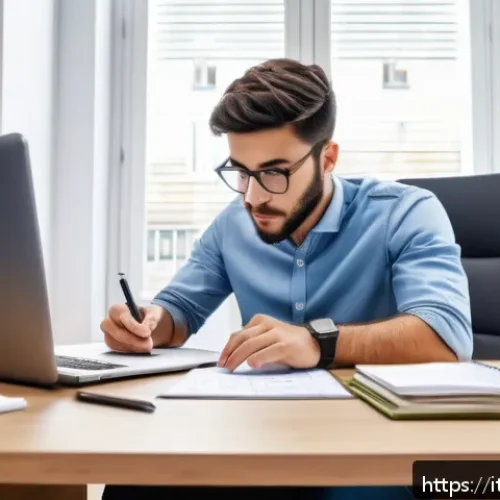 건축산업기사 시험 응시료 절약법 - A detailed office scene showing a young Italian professional sitting at a desk, carefully planning e...