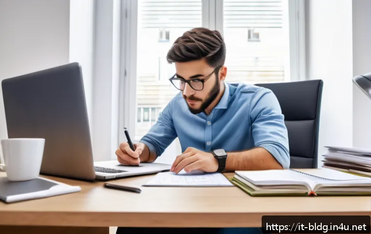 건축산업기사 시험 응시료 절약법 - A detailed office scene showing a young Italian professional sitting at a desk, carefully planning e...