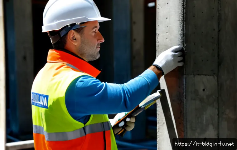 건축산업기사와 건축 구조물의 내구성 설계 - Photorealistic Italian structural engineer in a safety helmet and high-visibility vest inspecting re...